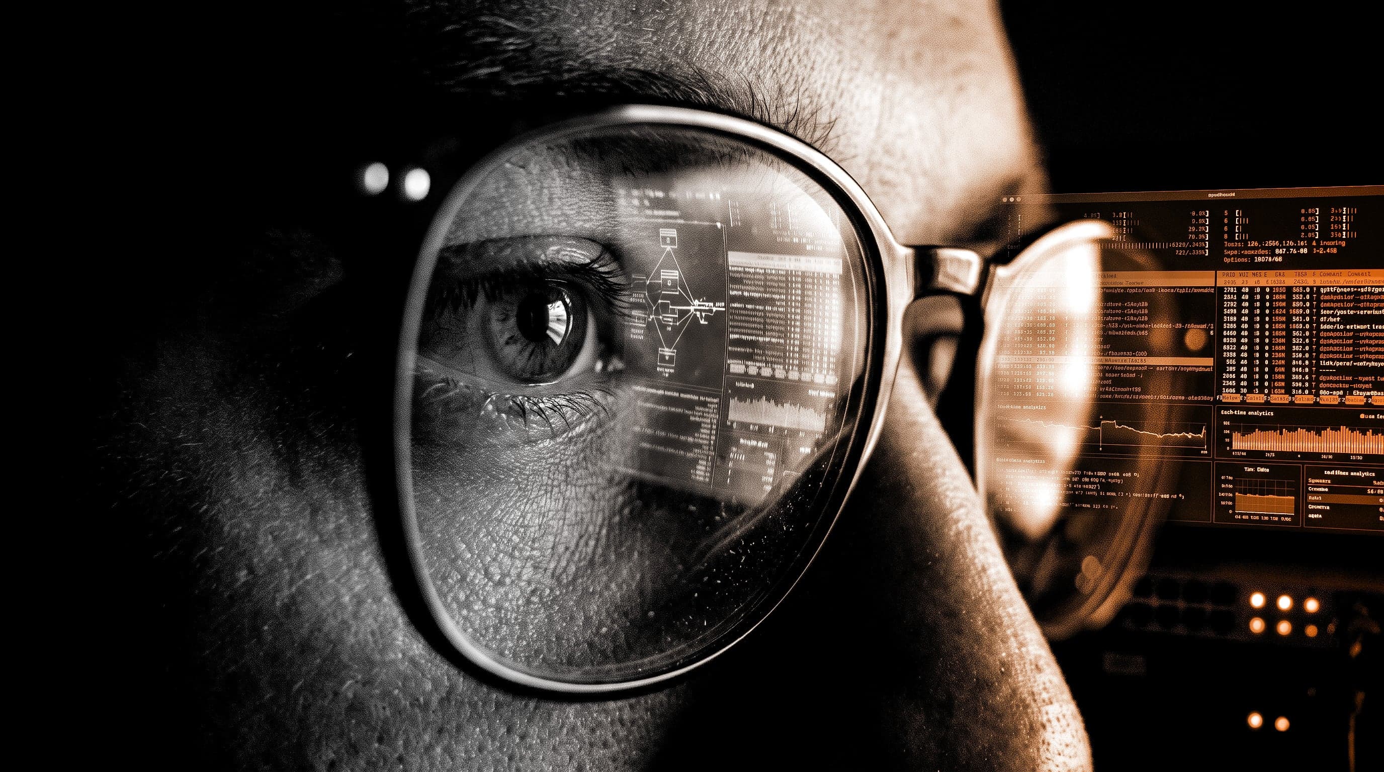 Olhar atento sobre dados refletidos nas lentes, criação guiada por inteligência